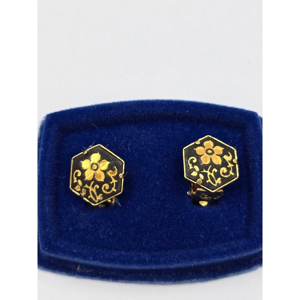 Vintage‎ Damascene Black GoldFloral Hexagon Clip-On Earrings Gold Tone Metal